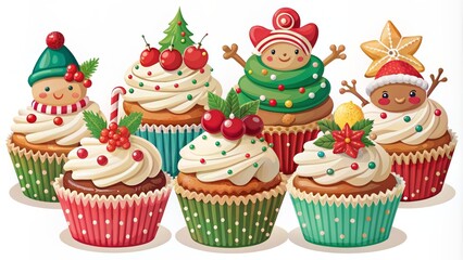 Whimsical flat cartoon vector illustration of Christmas cupcakes with winter sweets, featuring festive holiday icons without humans.