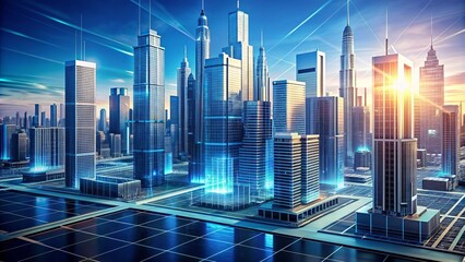 Obraz premium A futuristic, high-tech, 3D digital blueprint representation of a modern cityscape with sleek skyscrapers and intricate infrastructure details.