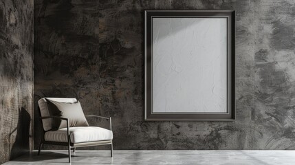 "Mockup Frame in Loft Interior with Armchair on Dark Cement Wall"