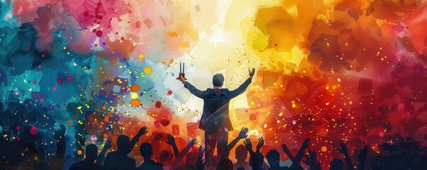 A vibrant and colorful celebration with a man raising his hands in front of an enthusiastic crowd, bathed in artistic splashes of paint.