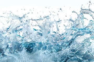 Blue water splash wave background, blue color, white isolated background, banner with copy space area. Spa or refreshing drink.