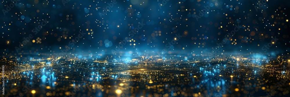Fototapete Abstract digital background with glowing lights and cityscape, data transfer concept. representing the power of technology in the style of data science.