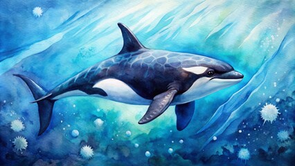Obraz premium Vibrant hand-drawn watercolor illustration of an isolated majestic killer whale swimming in a serene ocean blue background.