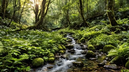Obraz premium a stream running through a lush green forest