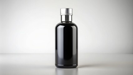 Naklejka premium Luxurious black glass bottle with silver cap and minimalist label stands solitary on a pristine white background exuding sophistication.
