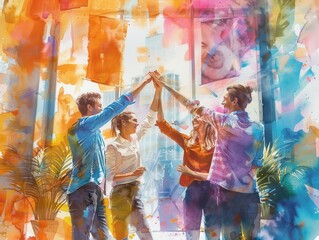 Four colleagues celebrate with a high-five in a vibrant, colorful office, symbolizing teamwork and success. Abstract watercolor style.