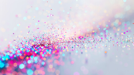Pixel glitter on a white background. Small bright pollen scattered in a bright room. Macro photo. Copy space.