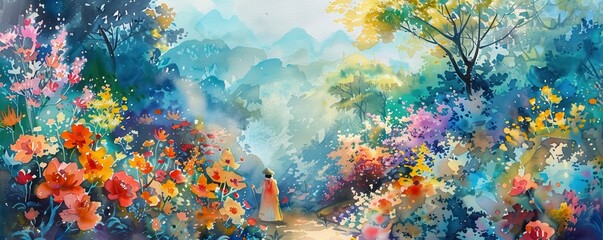 Vibrant, surreal landscape painting with bright flowers and a solitary figure on a path amid lush greenery and distant mountains.