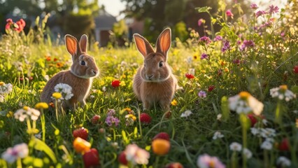  rabbit in field full of colorful flower buds during sunrises with soft focus setting on the grass and flowers all around looking at a small cat sitting to one of it,
