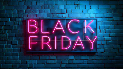 Neon pink Black Friday sign on a brick wall, glowing brightly to create a striking and modern advertisement, emphasizing the event with a trendy urban vibe.