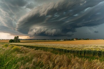 Fototapeta premium As the supercell storm clouds formed, the countryside residents prepared for a thunderstorm that promised a dramatic sky and torrential rain above wheat fields