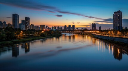 Fototapeta premium A cityscape at nightfall, with city lights reflecting on the calm surface of a river meandering through downtown.