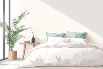 A peaceful retreat with soft linens and plush pillows, inviting relaxation and rejuvenation. The minimalist setup exudes calmness and tranquility.