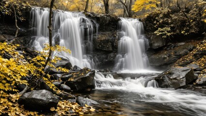 Obraz premium waterfall with water shooting in gold as it's yellow object glides over rocks and leaves on the bank of stream below, black and white washed waves, and greying water,