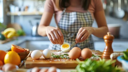 Asian woman peeling a boiled egg, preparing for a keto diet meal, bright kitchen, focus on healthy eating