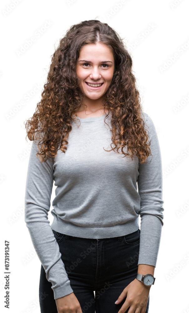 Sticker beautiful brunette curly hair young girl wearing a sweater over isolated background with a happy and