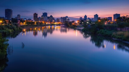 Obraz premium A cityscape at nightfall, with city lights reflecting on the calm surface of a river meandering through downtown.