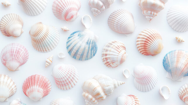 Seamless pattern of pastel color seashells on white background