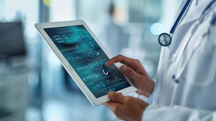 A digital tablet displaying a futuristic interface is used by a doctor in this close-up, highlighting advanced medical technology and data analysis.
