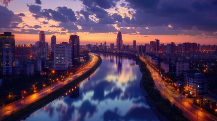 Obraz premium A cityscape at nightfall, with city lights twinkling and reflecting on the surface of a river running through the heart of the city.