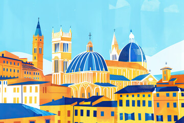 Risograph riso print travel poster, card, wallpaper banner illustration, modern, clear, simple of Siena Cathedral, Siena, Italy. Artistic, landmark printing, stencil backdrop background
