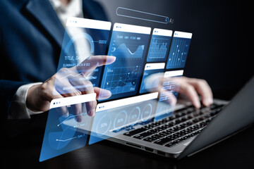 Businesswomen analyze chart data business on a visual screen dashboard laptop, technology devices...