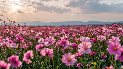 a field of pink flowers with a white sky in the background