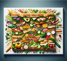 A art creative sandwich, culinary masterpieces of fantasy food. Fast food hamburger burger cheeseburger sandwich fresh fastfood menu restaurant decoration background. Graphic Art, poster