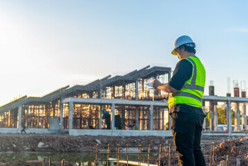 Architect man checking about the building plan and see how the construction progressive at the construction site