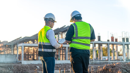 Two Architect man discussing about the building plan and see how the construction progressive at the construction site