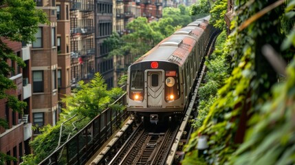 Obraz premium A subway train passing through an outdoor section of tracks with greenery and buildings nearby