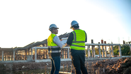 Fototapeta premium Two Architect man discussing about the building plan and see how the construction progressive at the construction site