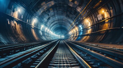 A subway tunnel with tracks disappearing into the distance, illuminated by overhead lights