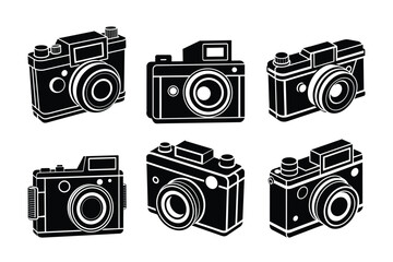 Nostalgic set of old camera silhouettes perfect for photography-themed designs. Ideal for logos, posters, t-shirts, and branding projects. High-quality scalable vector graphics for versatile use.
