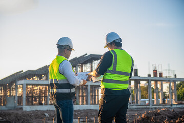 Two Architect man discussing about the building plan and see how the construction progressive at the construction site