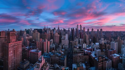 A cityscape at twilight, with the sky transitioning from pink to deep blue, casting a magical glow over the buildings.