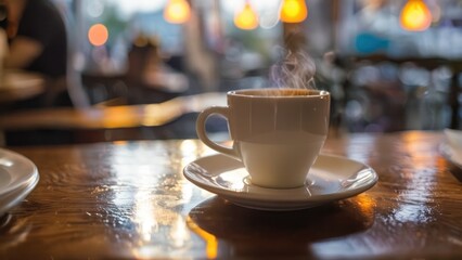 Obraz premium a white coffee cup sitting on top of a table