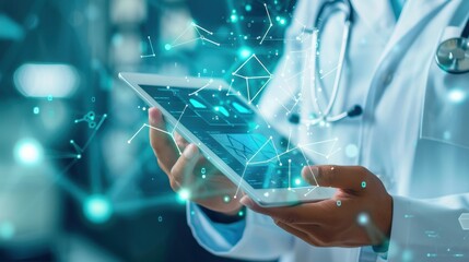 This close-up shows a doctor operating a digital tablet that displays a futuristic interface, highlighting advanced medical technology and data analysis.