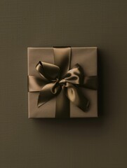 Gift box with ribbon and bow on a olive green background