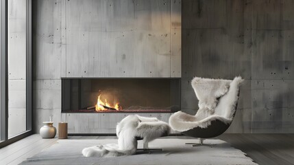 Accent chair with fur throw against concrete wall with fireplace