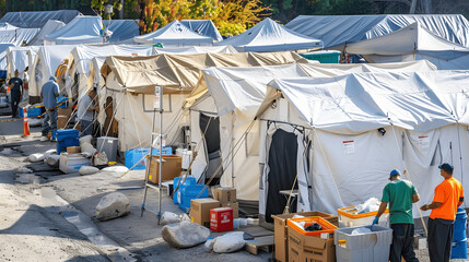 Disaster relief camp with volunteers providing aid