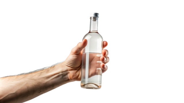 A hand holds a clear bottle filled with vodka