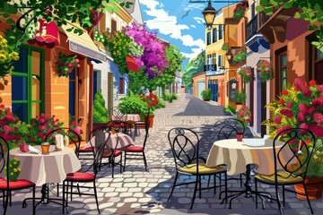 Cozy cafe setting amidst vibrant flowers and bustling street life. Perfect spot to relax and people-watch.