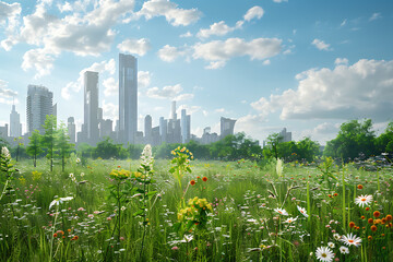 Naklejka premium A beautiful meadow with lush greenery and flowers, with a city skyline of skyscrapers in the background, blending nature and urban life. The scene showcases the harmony between natural beauty and urba