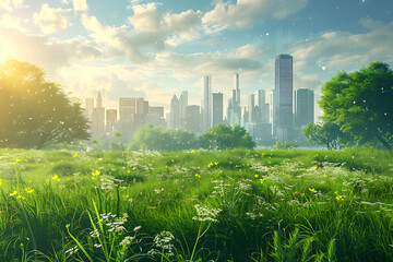 A beautiful meadow with lush greenery and flowers, with a city skyline of skyscrapers in the background, blending nature and urban life.