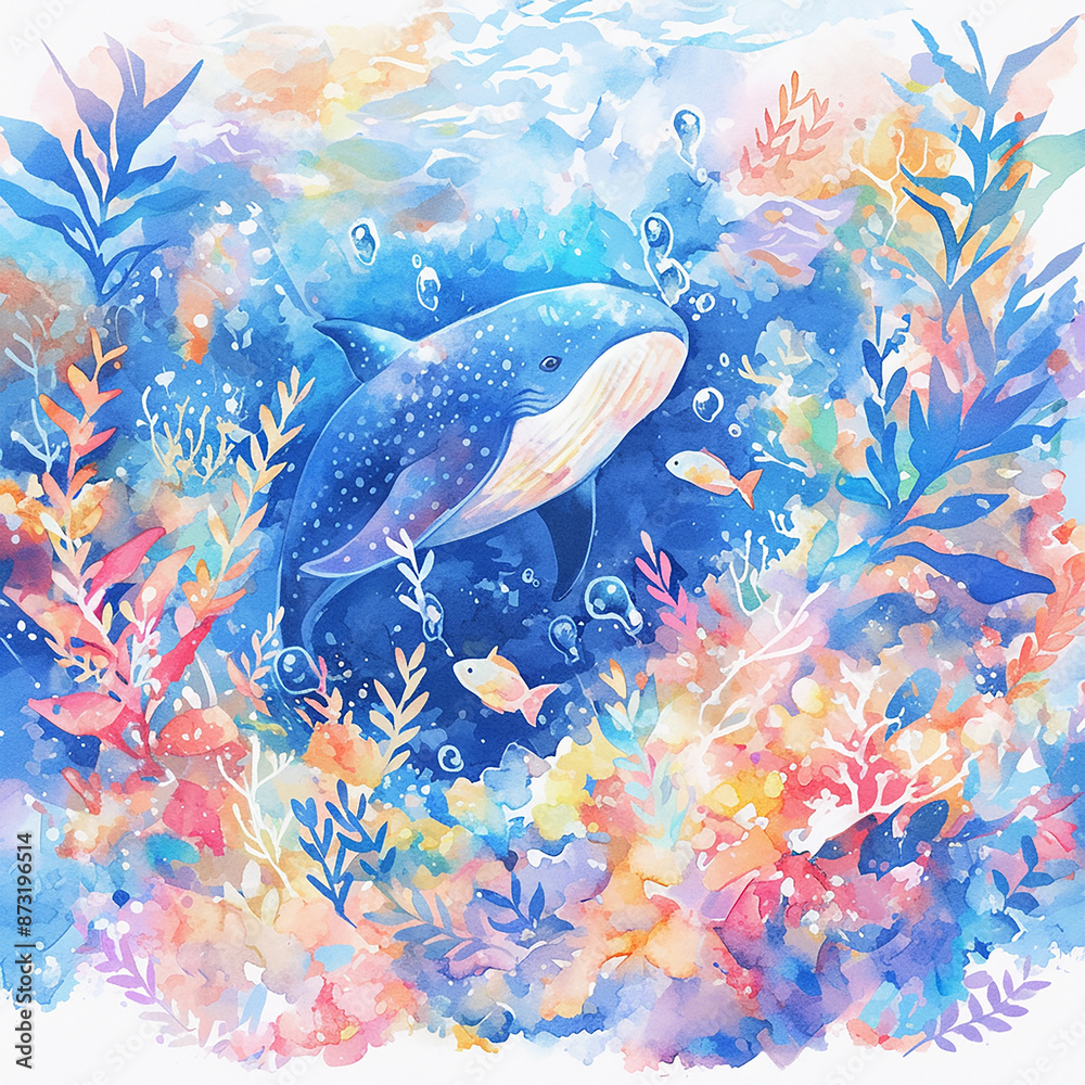 Sticker A colorful painting of a whale swimming in the ocean with a variety of fish swimming around it. The mood of the painting is peaceful and serene, as the whale