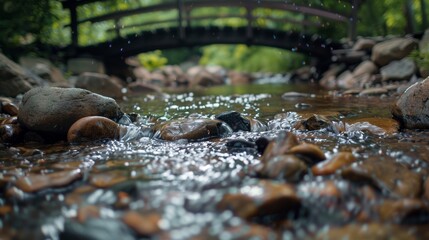 Fototapeta premium A bridge over a small stream reveals rocks and water in multiple positions creating a mesmerizing visual.