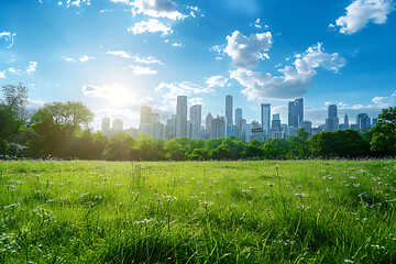 A beautiful meadow with lush greenery and flowers, with a city skyline of skyscrapers in the background, blending nature and urban life. The scene showcases the harmony between natural beauty and urba