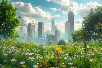 A beautiful meadow with lush greenery and flowers, with a city skyline of skyscrapers in the background, blending nature and urban life. The scene showcases the harmony between natural beauty and urba