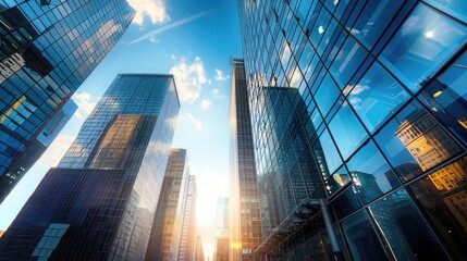 Fototapeta premium A cityscape during a sunny afternoon, with clear blue skies and sunlight highlighting the glass facades of modern buildings.